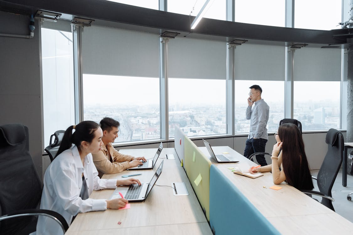 Free Business team working in a modern office setting with city view